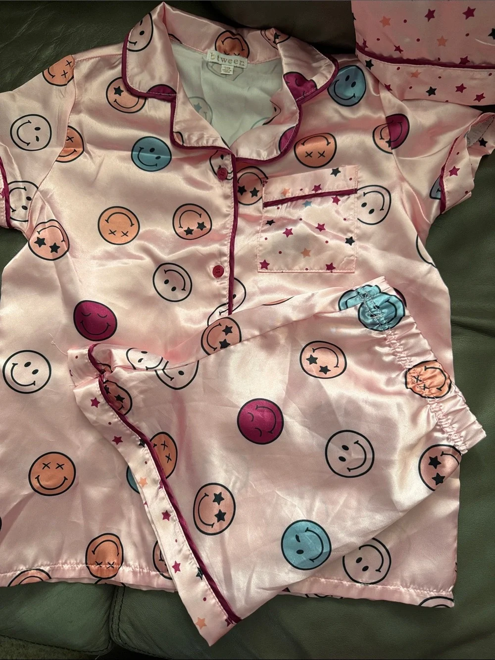 Kids Pink Star & Smiley Face Satin Pajama Set - 3-Piece